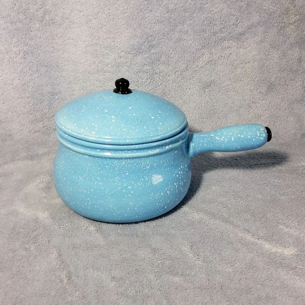Vintage Blue Ceramic Speckled Saucepan Pot Country Cottagecore **Cracked Lid**